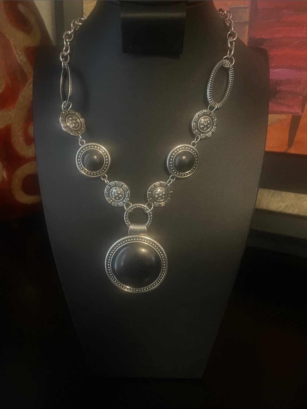 Women's Silver-Tone Black Pendant Statement Necklace